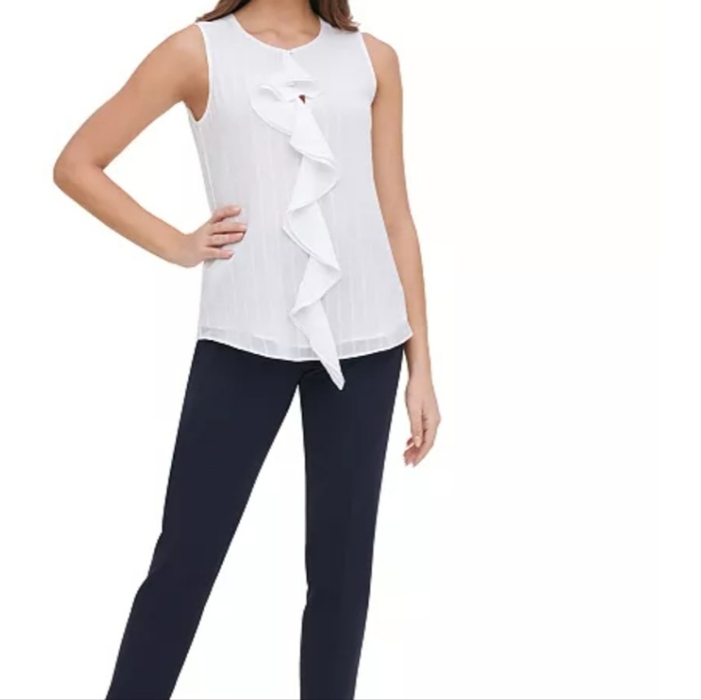 Tommy Hilfiger White Ruffle Front Blouse New With Tags